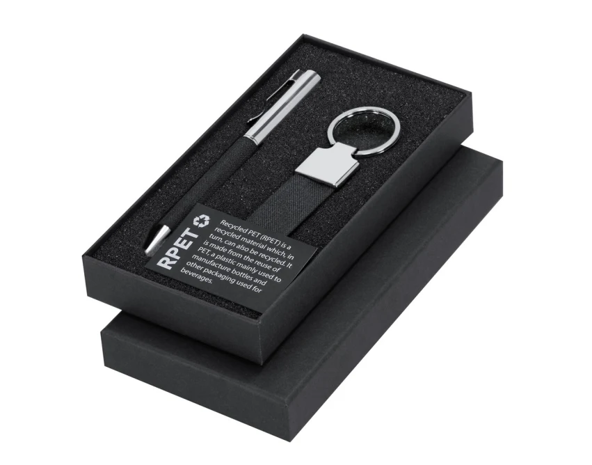 Czarny ekologiczny zestaw RPET: długopis i brelok w pudełku