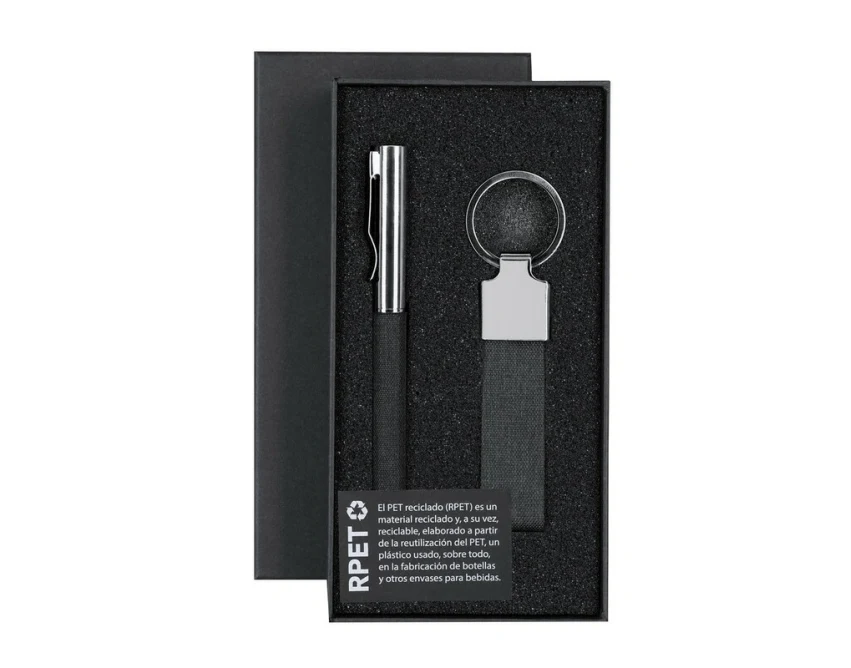 Czarny ekologiczny zestaw RPET: długopis i brelok w pudełku