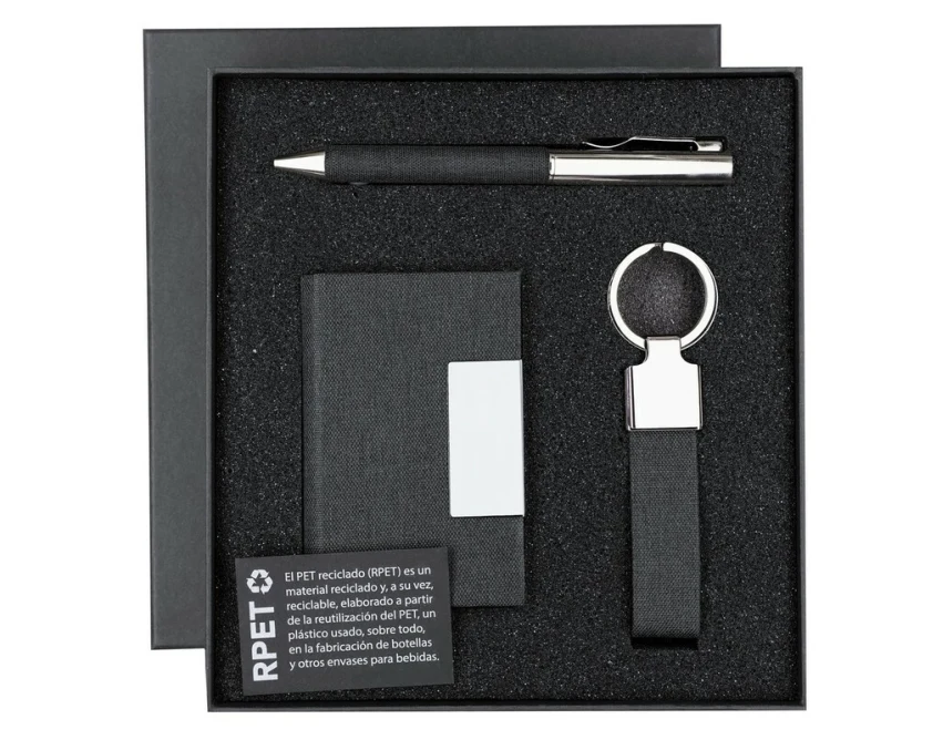 Czarny zestaw RPET: brelok, etui, długopis z logo firmy