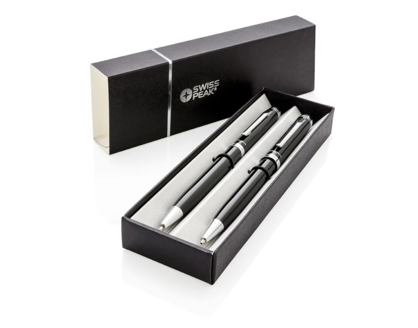 Czarny stalowy zestaw piśmienniczy Swiss Peak z logo