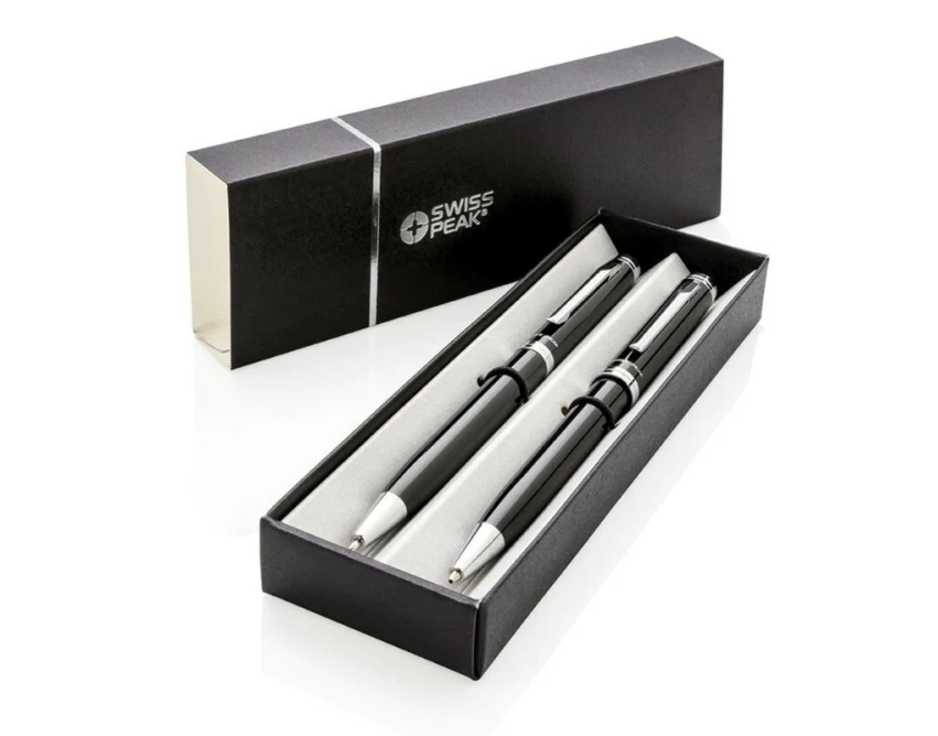 Czarny stalowy zestaw piśmienniczy Swiss Peak z logo