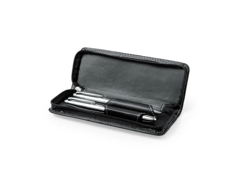 Czarny zestaw piśmienniczy z grawerem w etui z ekoskóry PU