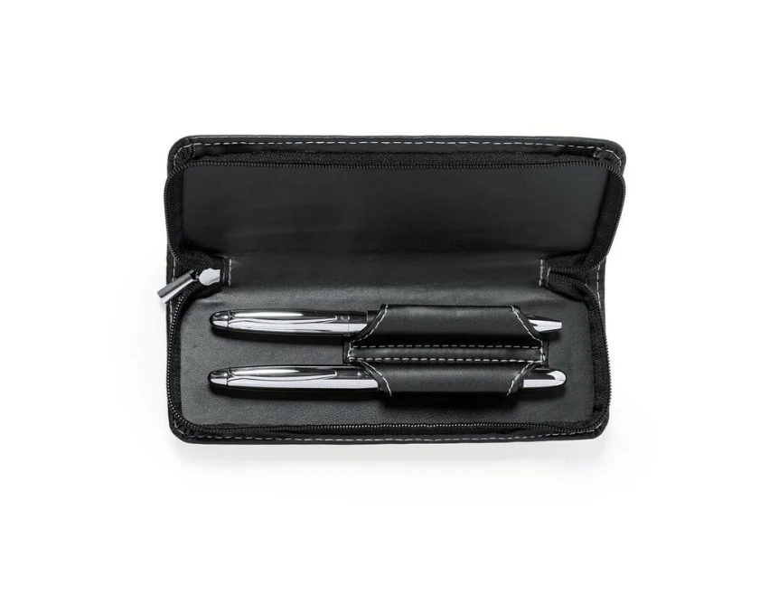 Czarny zestaw piśmienniczy z grawerem w etui z ekoskóry PU
