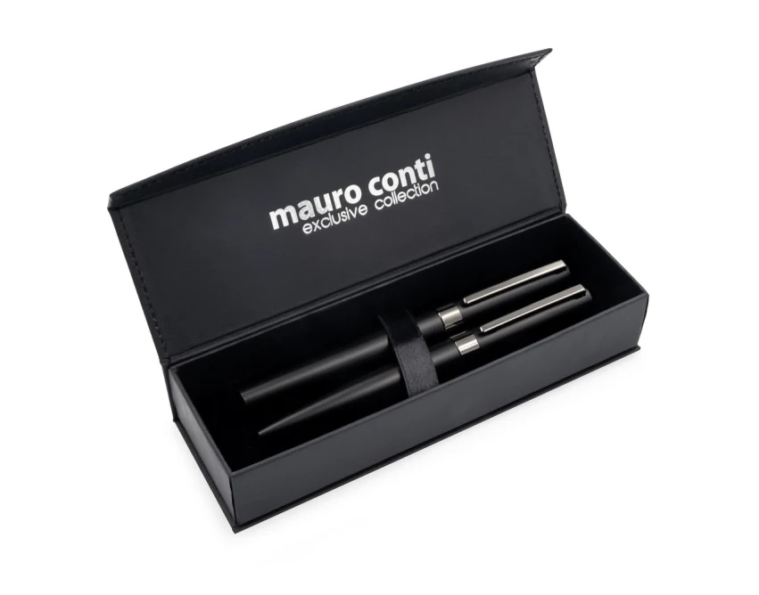 Czarny metalowy zestaw piśmienniczy Mauro Conti z logo