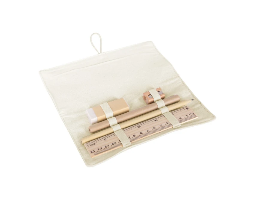 Ekologiczny zestaw piśmienniczy beżowy z logo – bawełna, drewno