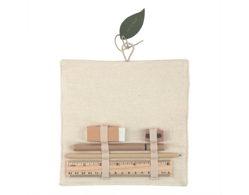 Ekologiczny zestaw piśmienniczy beżowy z logo – bawełna, drewno