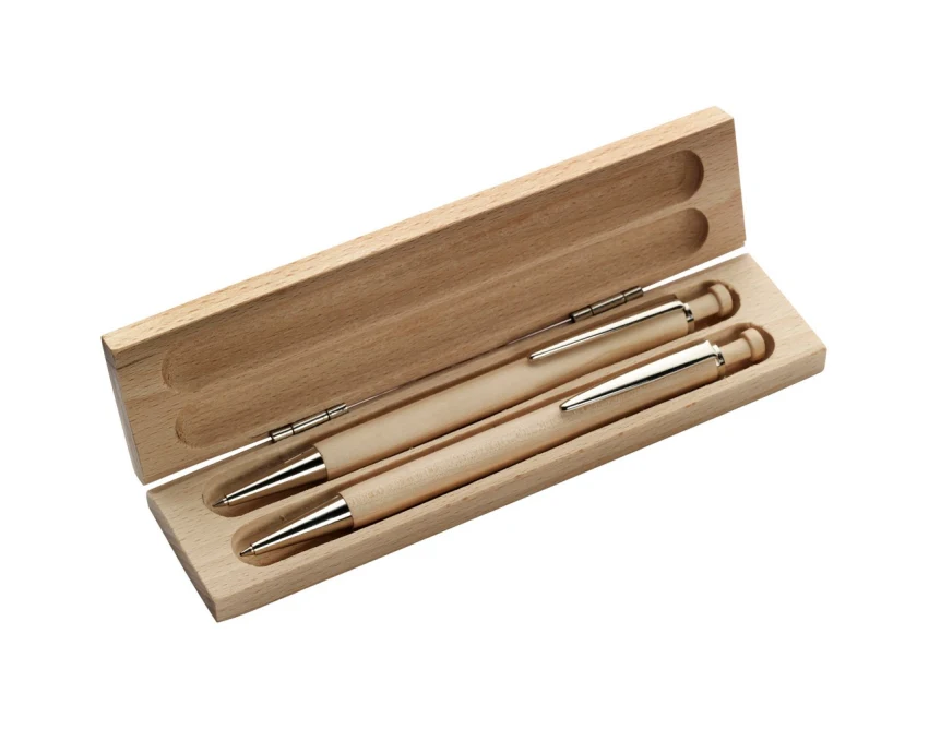 Drewniany zestaw piśmienniczy z logo w etui – buk i aluminium