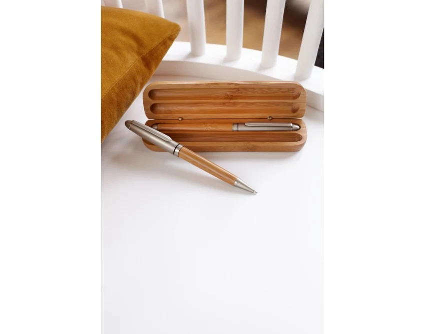 Bambusowy zestaw: długopis i pióro kulkowe z grawerem