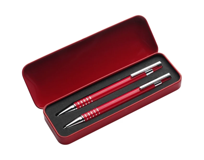 Czerwony zestaw piśmienniczy z logo w metalowym etui