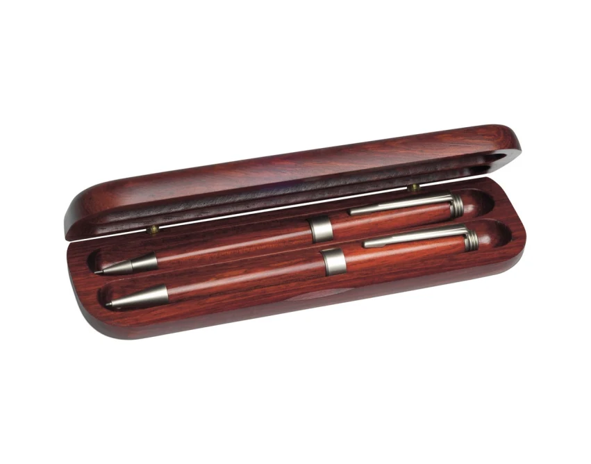 Mahoniowy zestaw piśmienniczy z grawerem: długopis i ołówek