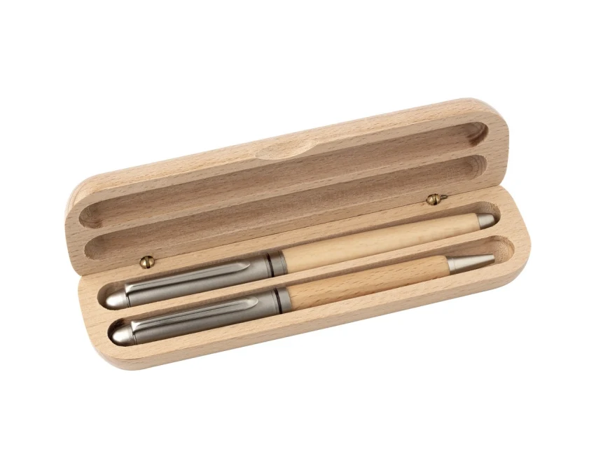 Zestaw piśmienniczy bukowy z grawerem – długopis i pióro