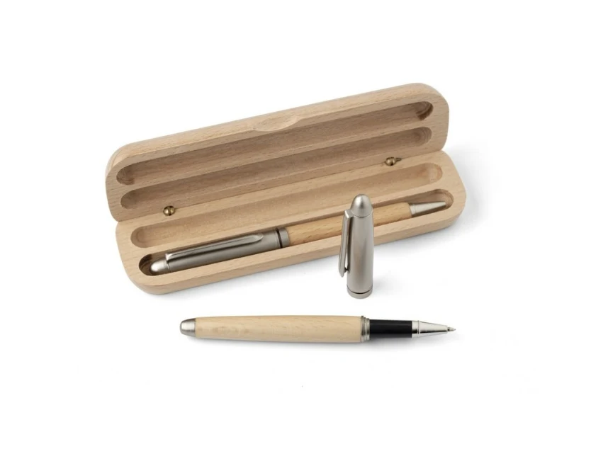 Zestaw piśmienniczy bukowy z grawerem – długopis i pióro