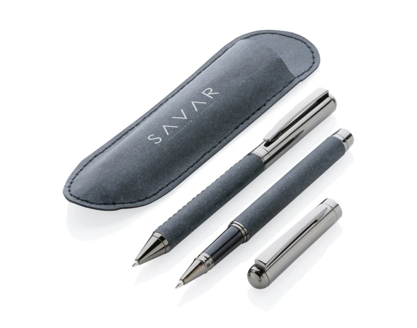 Szary zestaw piśmienny ze skóry z recyklingu z logo