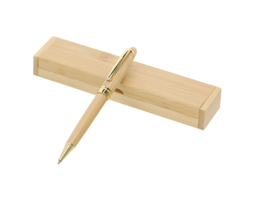 Bambusowy długopis beżowy w etui z grawerem logo