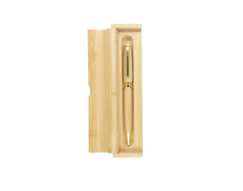 Bambusowy długopis beżowy w etui z grawerem logo