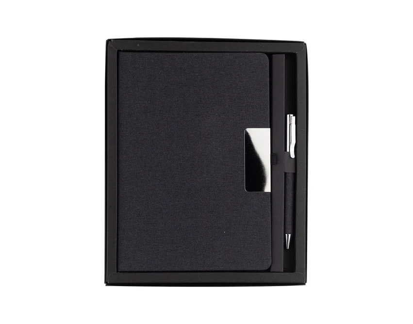 Czarny notes A5 RPET z długopisem w pudełku Plata