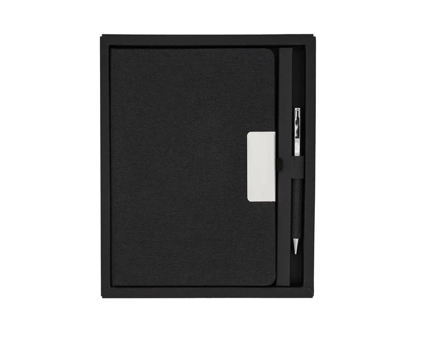 Czarny notes A5 RPET z długopisem w pudełku Plata