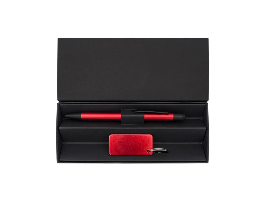 Czerwony zestaw piśmienniczy z grawerem – długopis i brelok