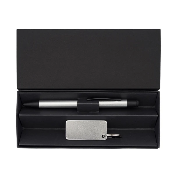 Srebrny zestaw: długopis i brelok z logo w eco boxie