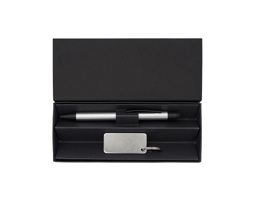Srebrny zestaw: długopis i brelok z logo w eco boxie