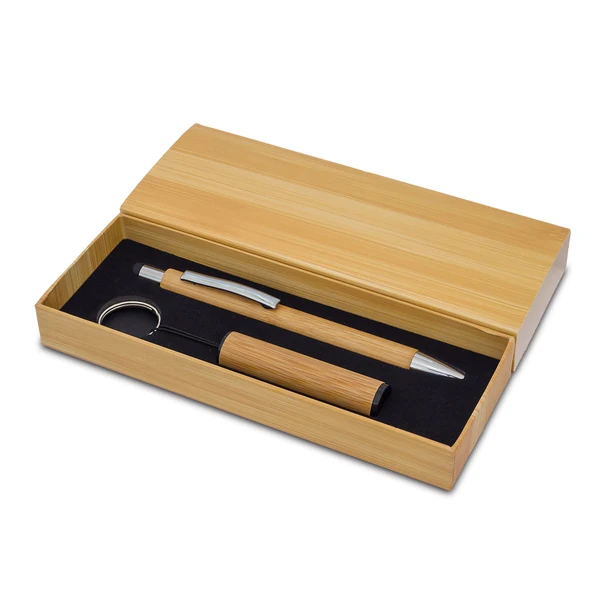 Bambusowy zestaw: długopis i latarka, beżowy z logo