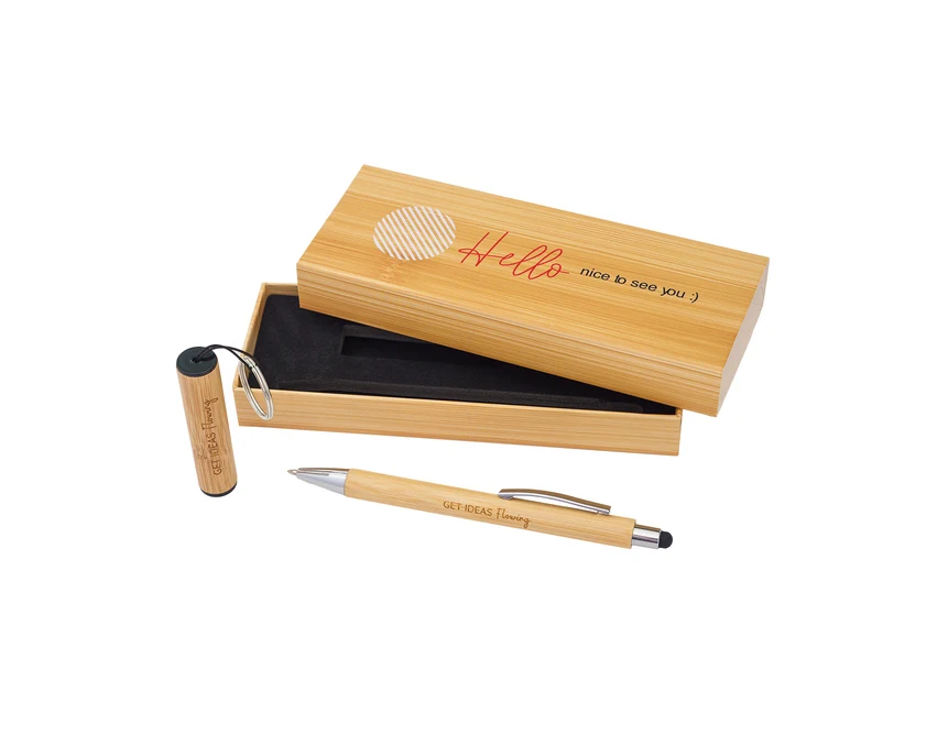 Bambusowy zestaw: długopis i latarka, beżowy z logo