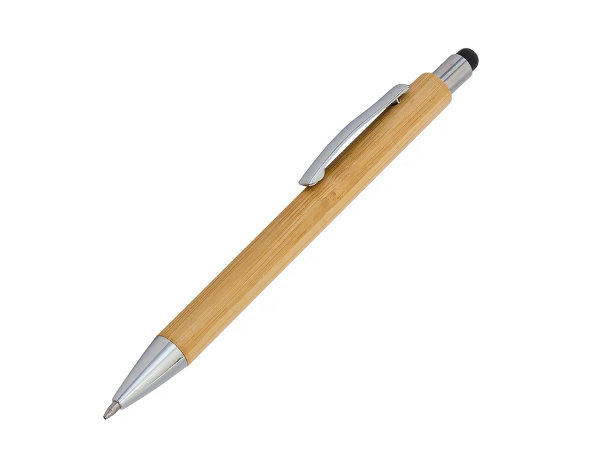 Bambusowy zestaw: długopis i latarka, beżowy z logo