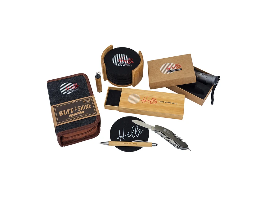 Bambusowy zestaw: długopis i latarka, beżowy z logo