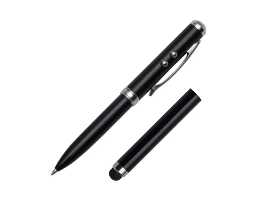 Czarny długopis 4w1 z laserem LED w etui aluminiowym