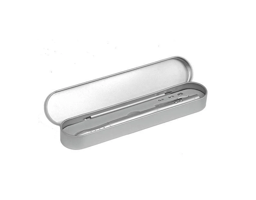 Srebrny długopis 4w1 z laserem, LED i rysikiem, metalowy