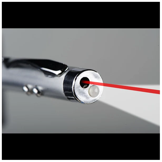 Srebrny długopis 4w1 z laserem, LED i rysikiem, metalowy