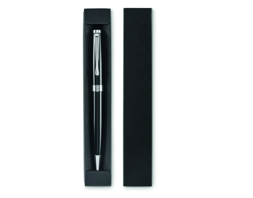Czarny metalowy długopis Lyon w etui z logo