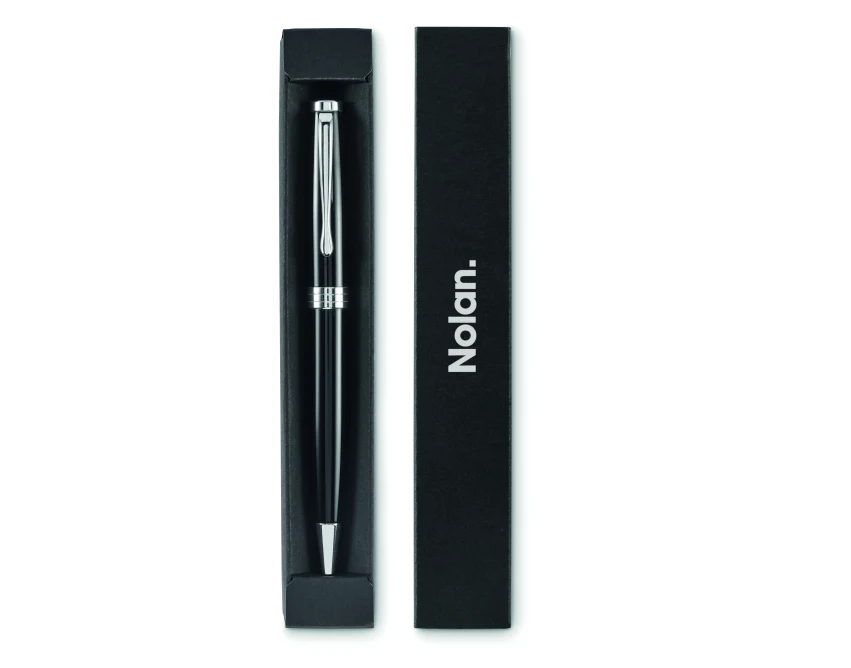 Czarny metalowy długopis Lyon w etui z logo