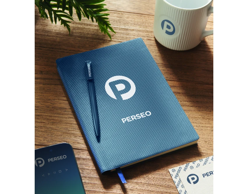 Granatowy notatnik A5 PU z długopisem i logo firmowe