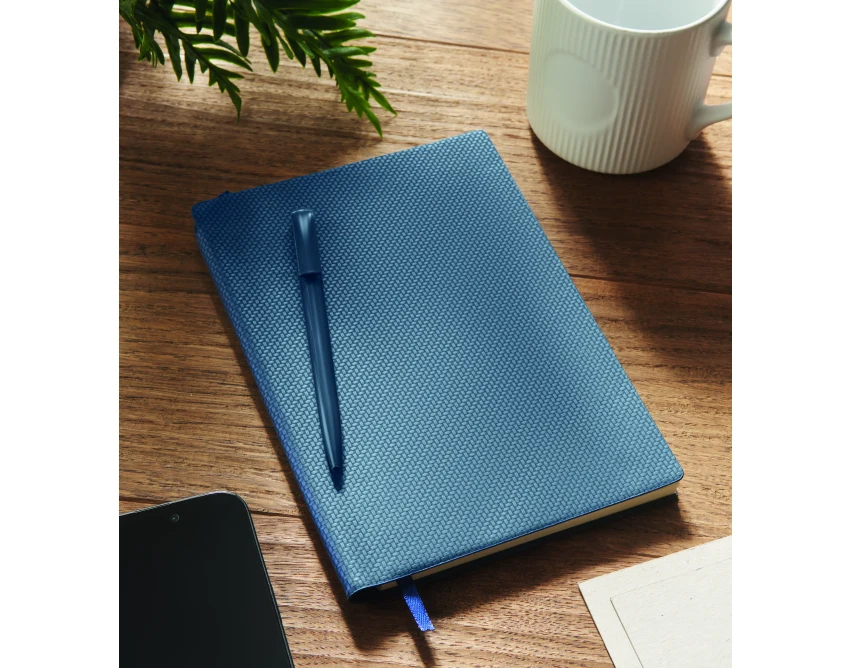 Granatowy notatnik A5 PU z długopisem i logo firmowe