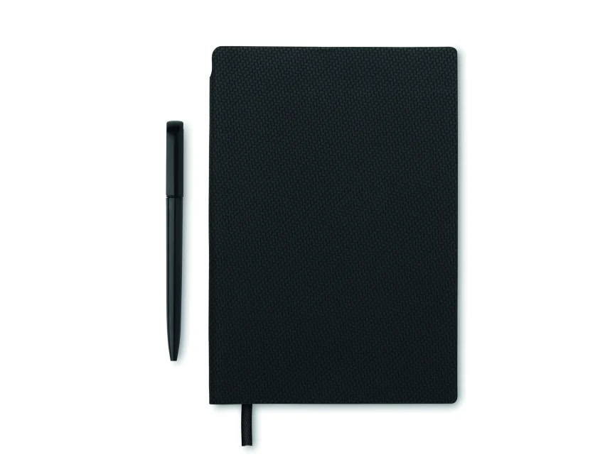 Czarny notatnik A5 PU z długopisem i logo firmy