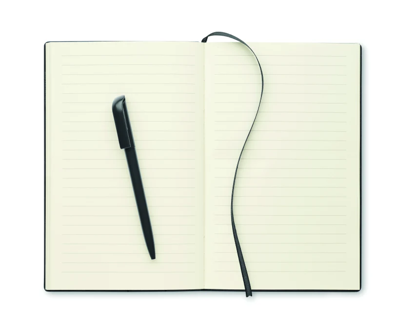 Czarny notatnik A5 PU z długopisem i logo firmy