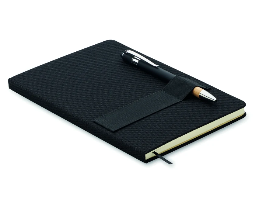 Czarny notes A5 RPET z bambusowym długopisem i logo