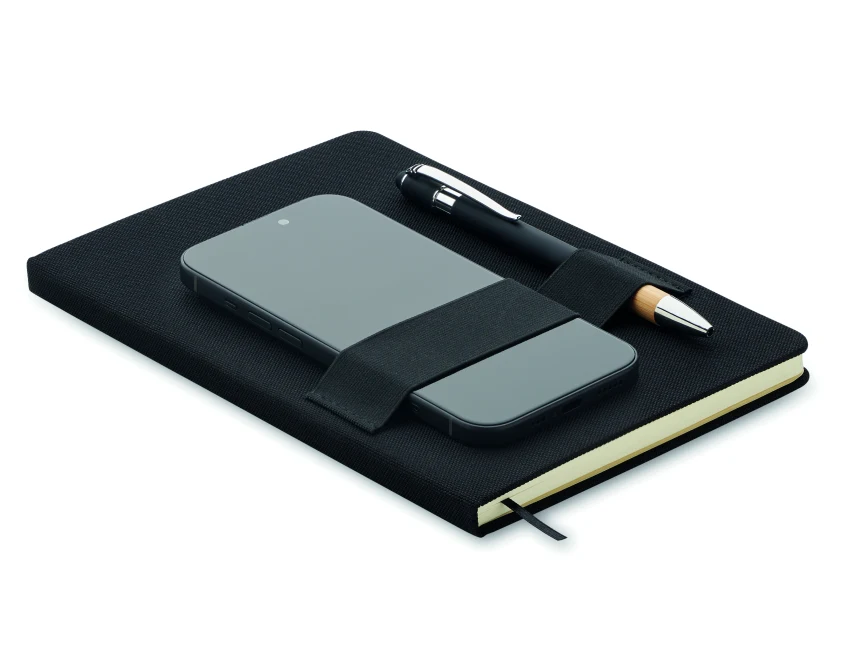 Czarny notes A5 RPET z bambusowym długopisem i logo