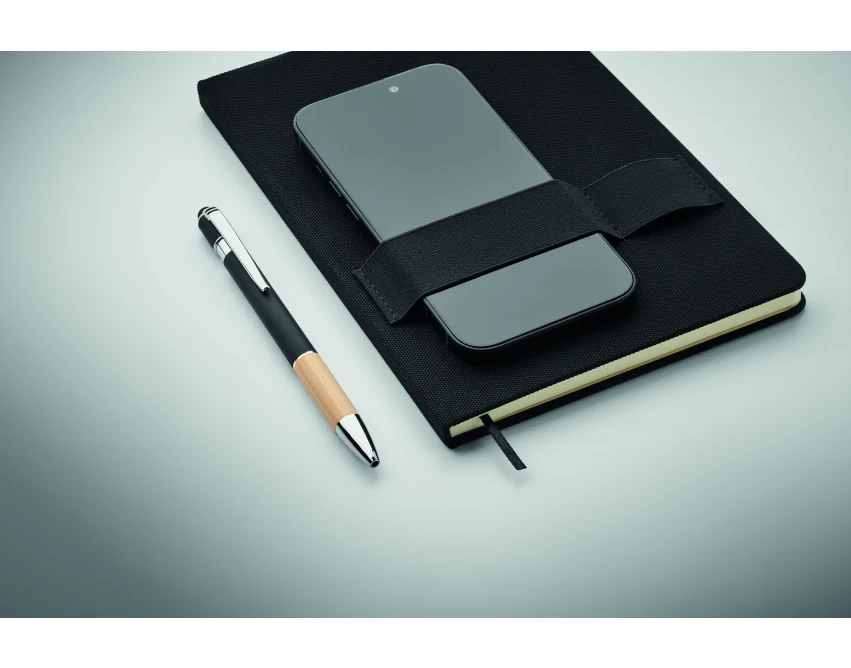 Czarny notes A5 RPET z bambusowym długopisem i logo