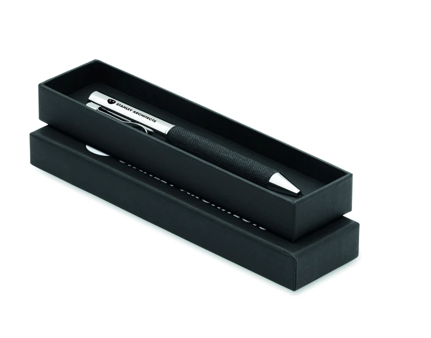 Czarny długopis RPET w etui z logo – elegancja i ekologia