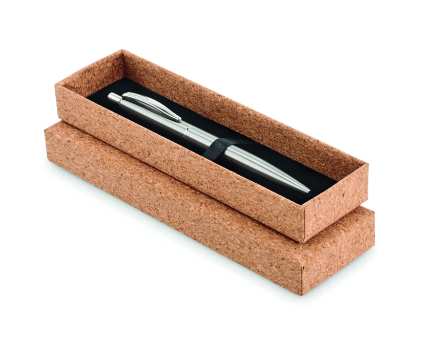 Długopis stalowy Graz w korkowym etui z logo – srebrny