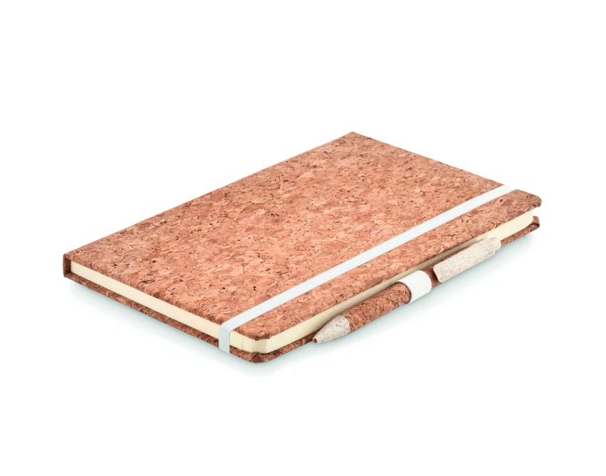 Beżowy notes A5 z korka i długopis eco z logo firmy