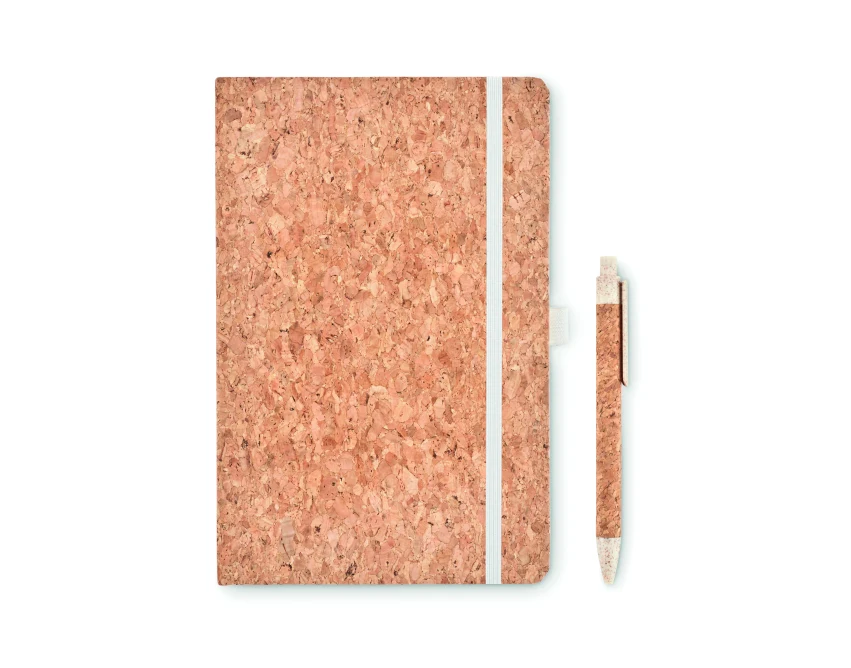 Beżowy notes A5 z korka i długopis eco z logo firmy