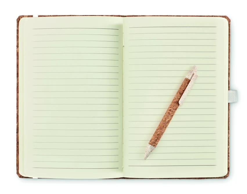 Beżowy notes A5 z korka i długopis eco z logo firmy