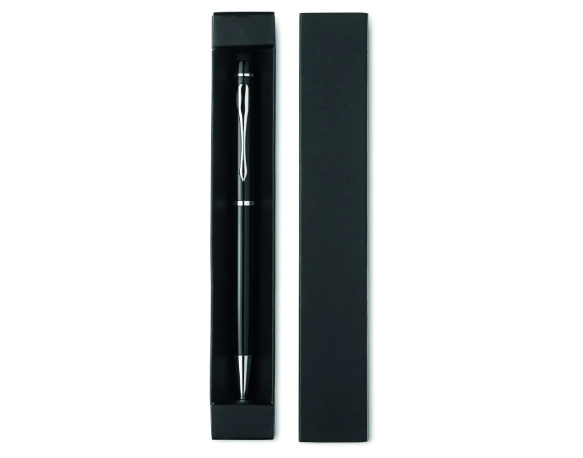 Czarny długopis aluminiowy z rysikiem i logo w etui