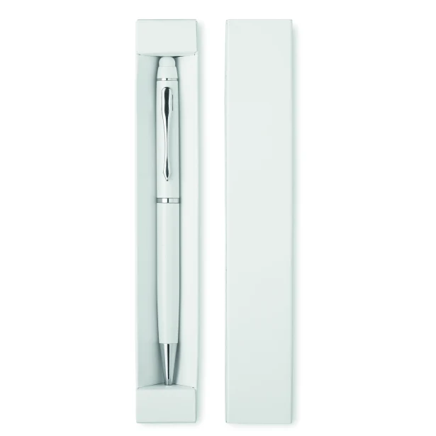 Biały długopis aluminiowy z rysikiem i logo w etui