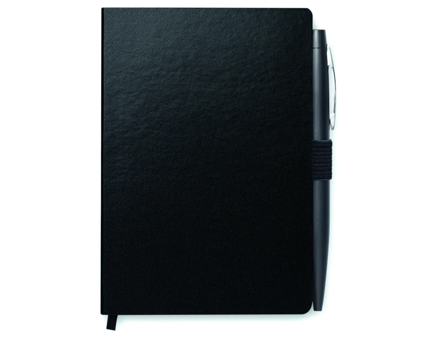 Czarny notes A6 z metalowym długopisem i twardą okładką PU