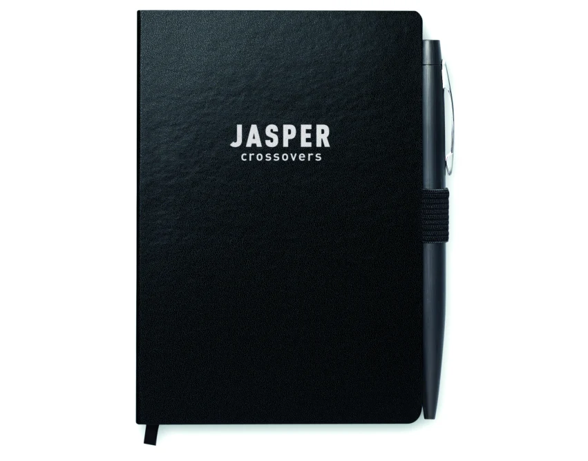 Czarny notes A6 z metalowym długopisem i twardą okładką PU