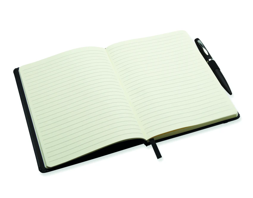 Czarny notes A5 z twardą okładką PU i metalowym długopisem